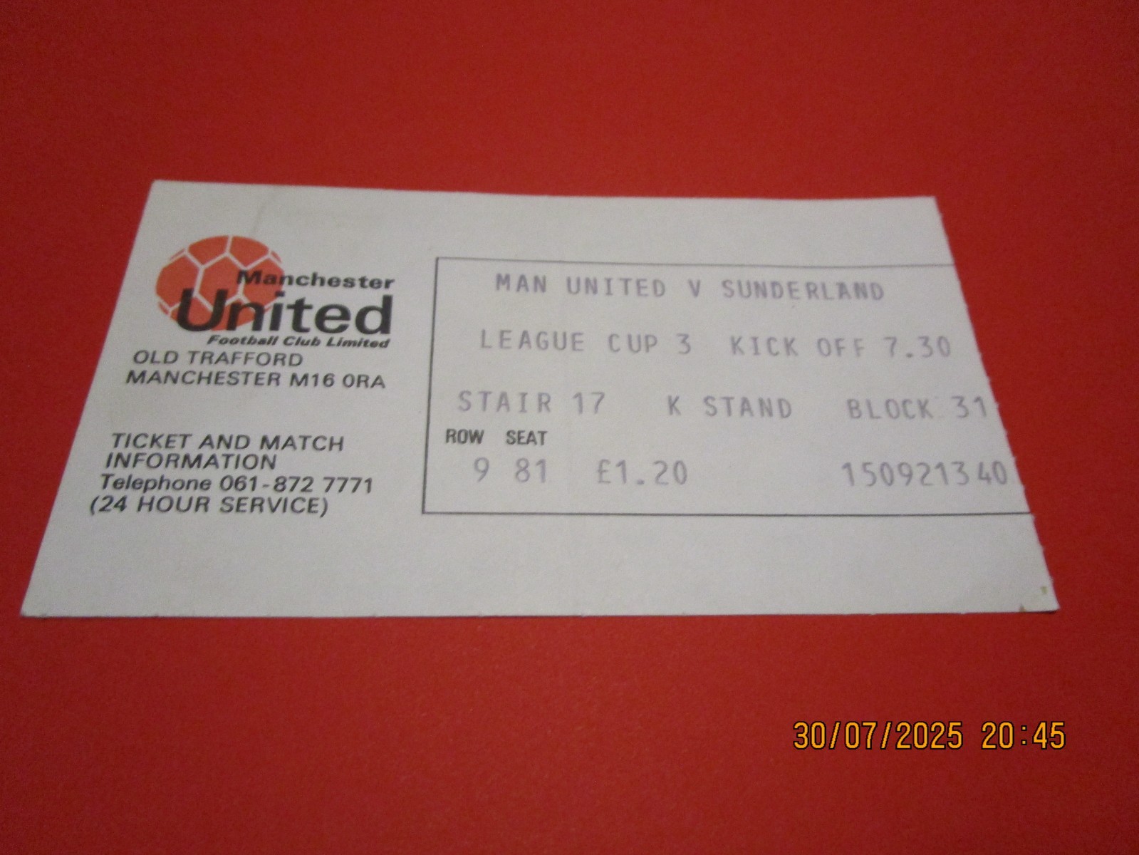 MATCH TICKET STUB :  MANCHESTER UNITED  v  SUNDERLAND   1976/7  FLC 3rd 2nd rep for sale on Ebay