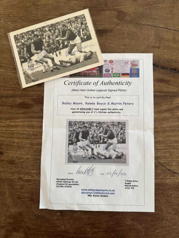 BOBBY MOORE, RONNIE BOYCE & MARTIN PETERS original signed photo - WEST HAM, COA. for sale on Ebay