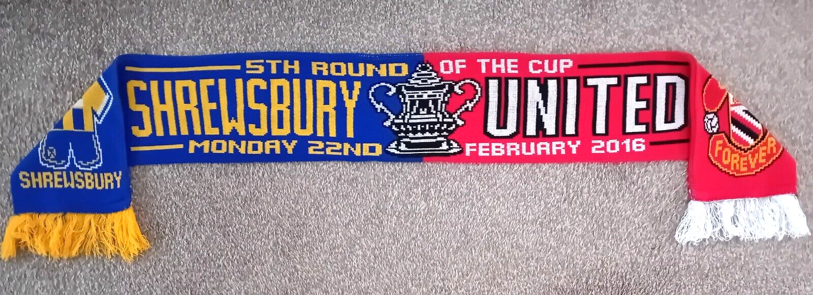 Shrewsbury Town v Manchester United - 2015/2016 FA CUP 5th Round Football Scarf for sale on Ebay