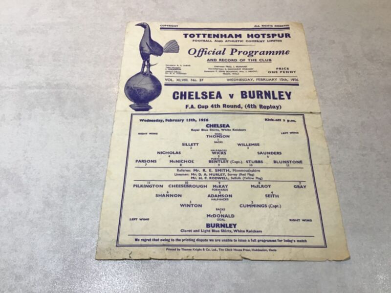 Chelsea v Burnley 1955/56 FA Cup 4th Round 4th Replay Single Sheet @ Tottenham  for sale on Ebay