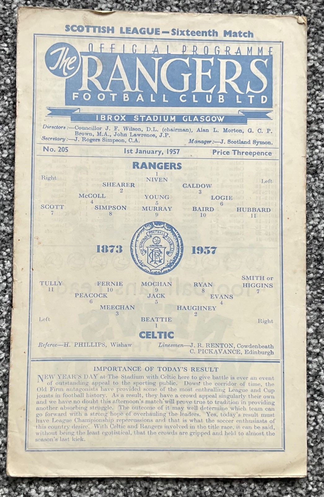 Rangers v Celtic 1956/57 (New Years Day Issue)  for sale on Ebay
