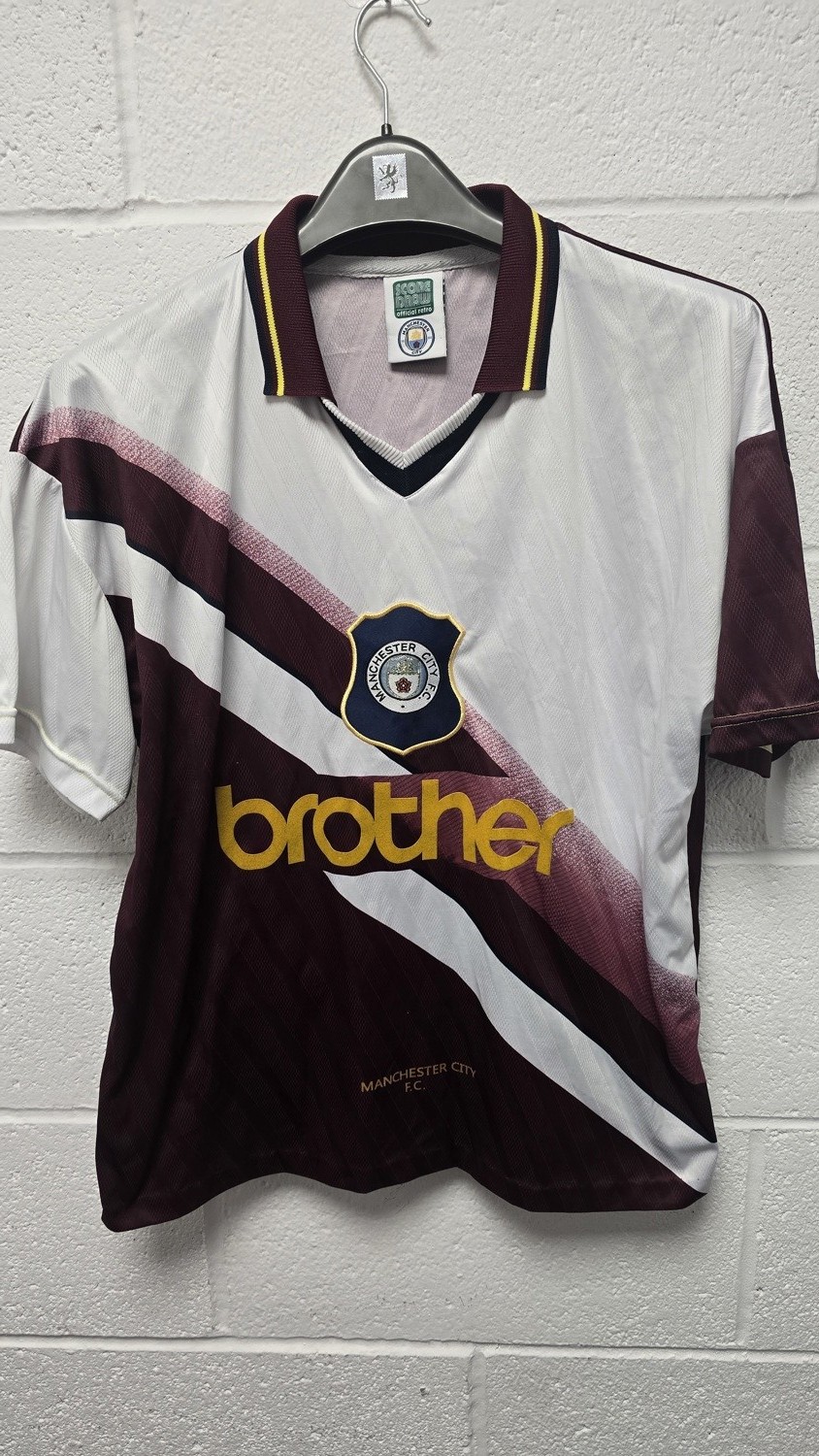 Manchester City Retro Away Shirt 1994 Score Draw Size L Brother Sponsor for sale on Ebay