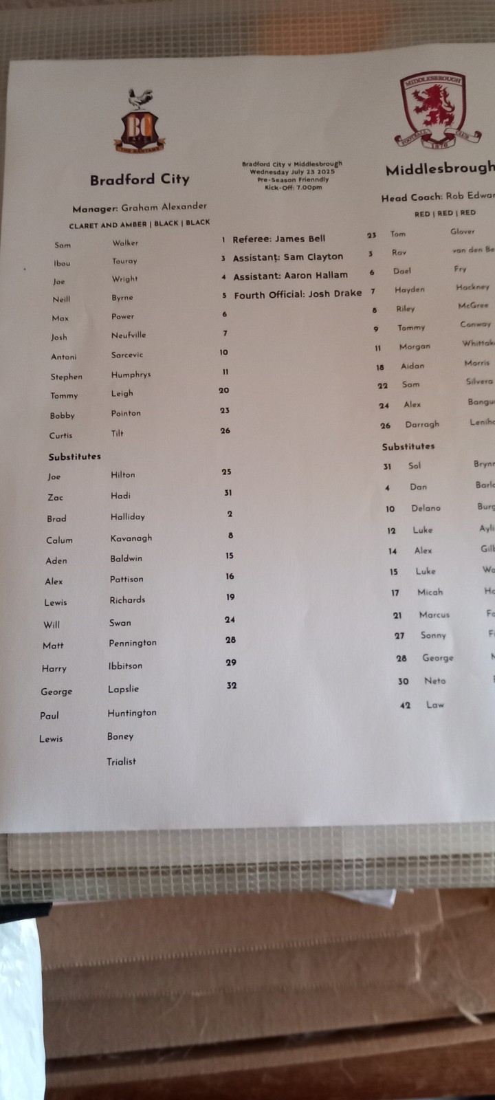 Bradford City v Middlesbrough  PSF 25/26 Official Teamsheet. for sale on Ebay
