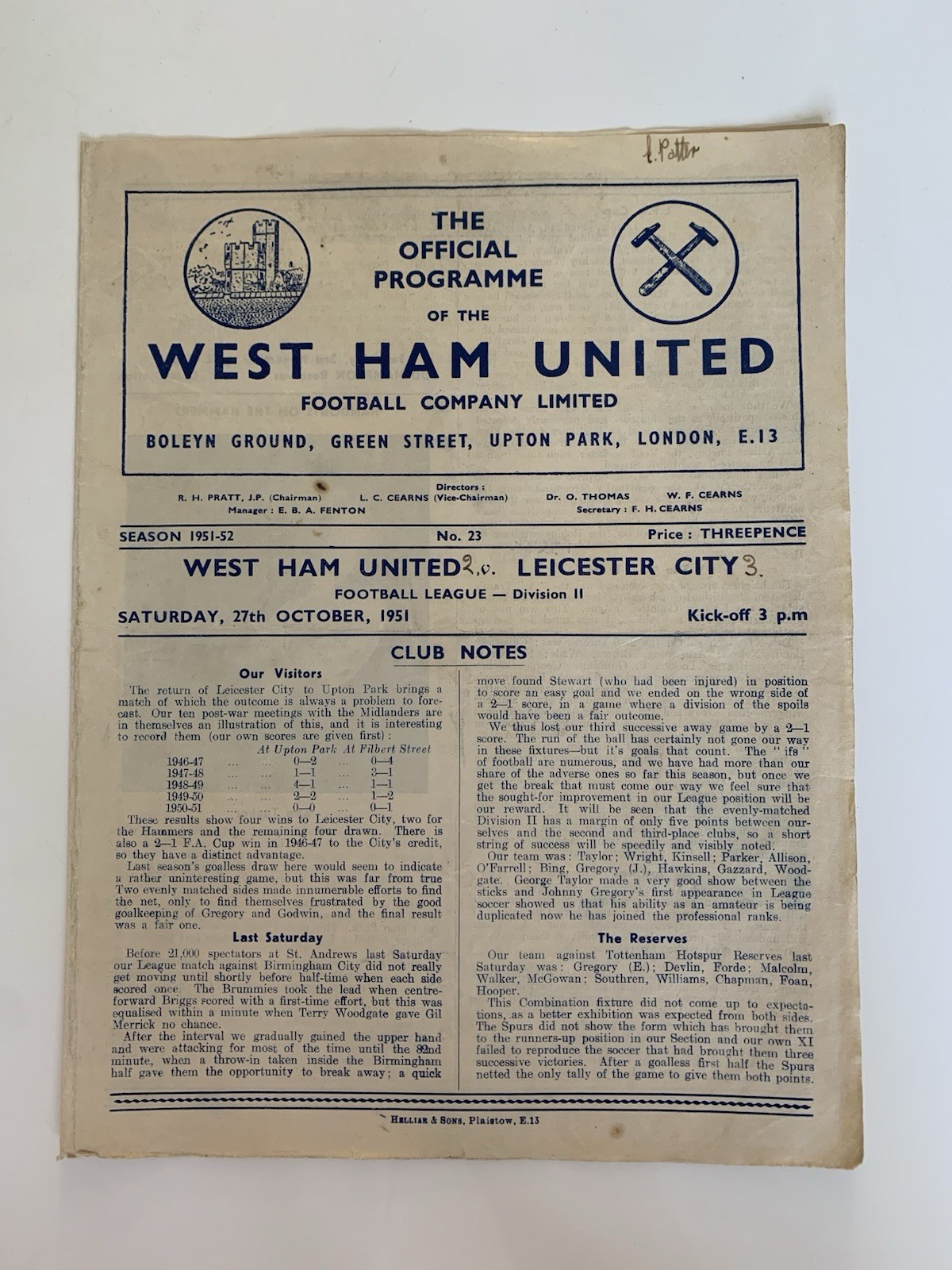 West Ham United v Leicester City 1951-52 League Division Two 27th October 1951. for sale on Ebay