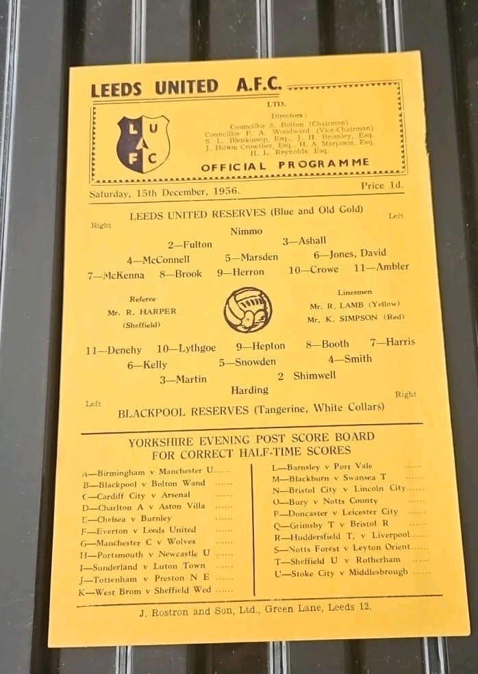 Leeds United Reserves V Blackpool Reserves Single Sheet 1956 for sale on Ebay