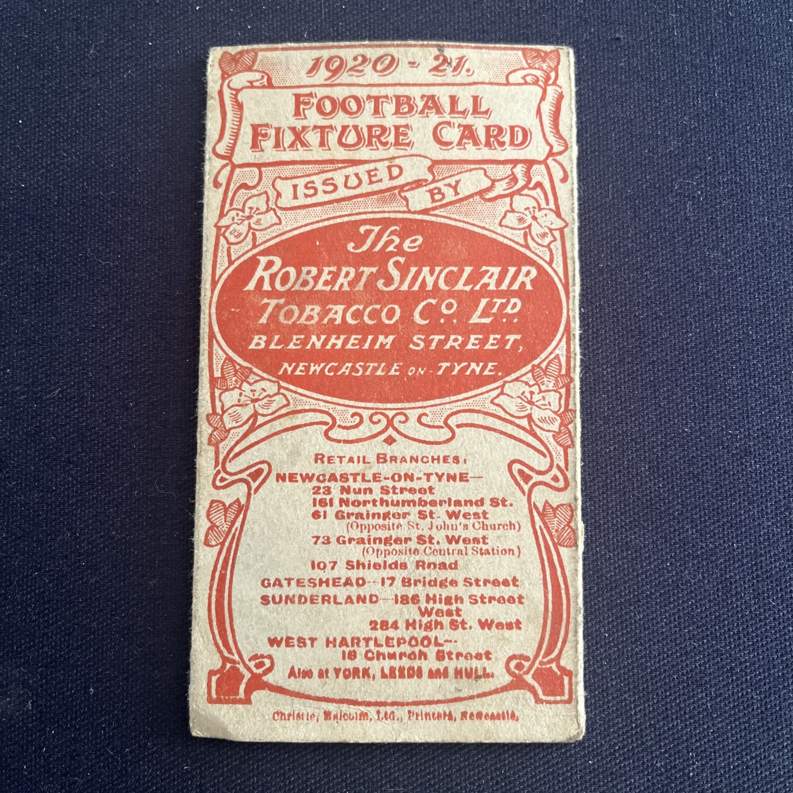 Sinclair fixture card 1920/1, Newcastle United, Sunderland, Middlesbrough  for sale on Ebay