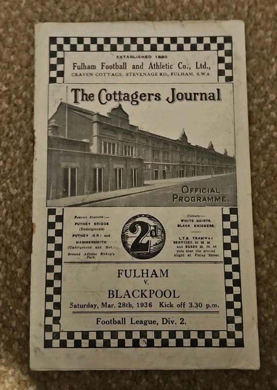 Fulham V Blackpool 1936 Programme for sale on Ebay