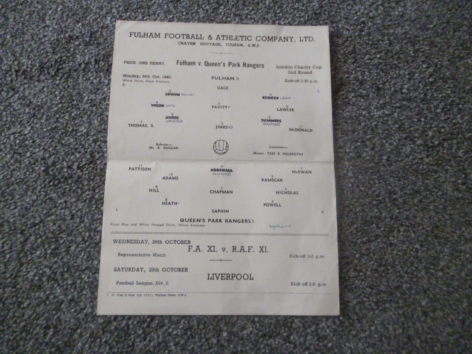 Fulham v QPR 1949/50 s/s London Charity Cup 2nd Rd Programme 24/10/1949 for sale on Ebay