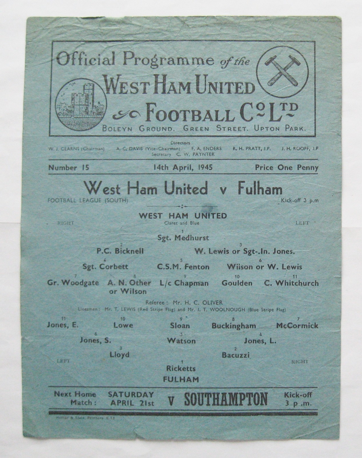 WEST HAM UNITED v FULHAM 1944/1945 *Fair/Good Condition Football Programme for sale on Ebay