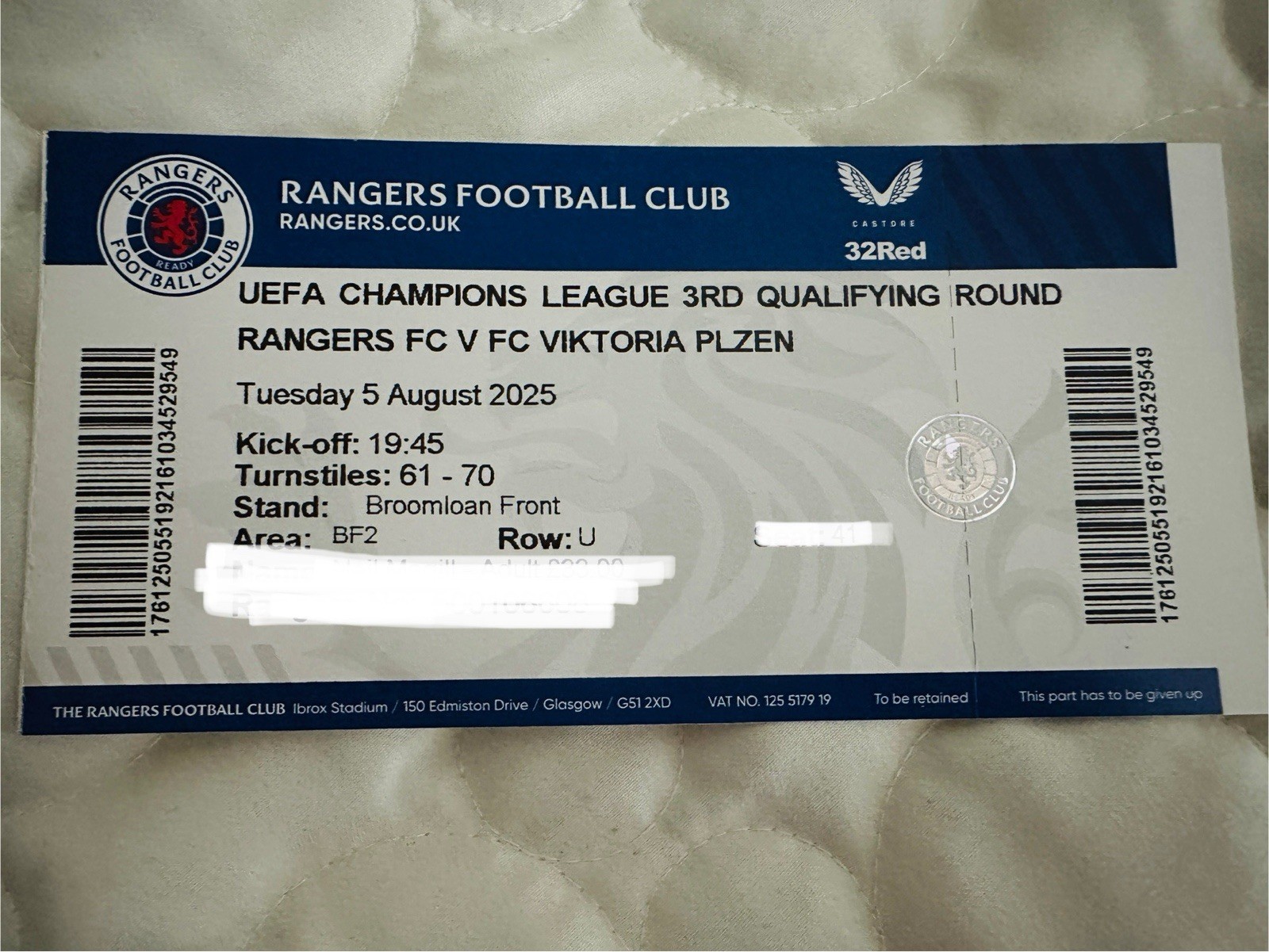 Rangers V FC Viktoria Plzen Ticket Stub 05.08.25 for sale on Ebay