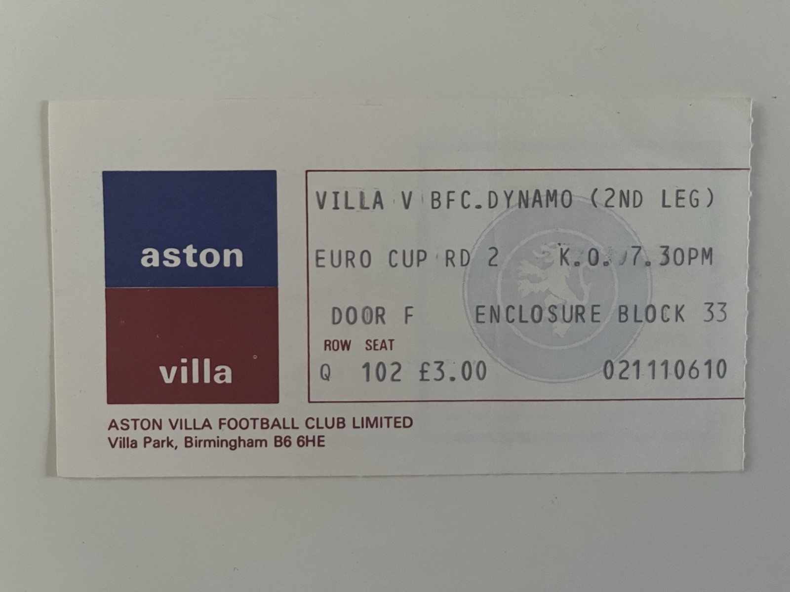 Aston Villa V Dynamo BFC Berlin European Cup Football Match Ticket Stub 81 1982 for sale on Ebay