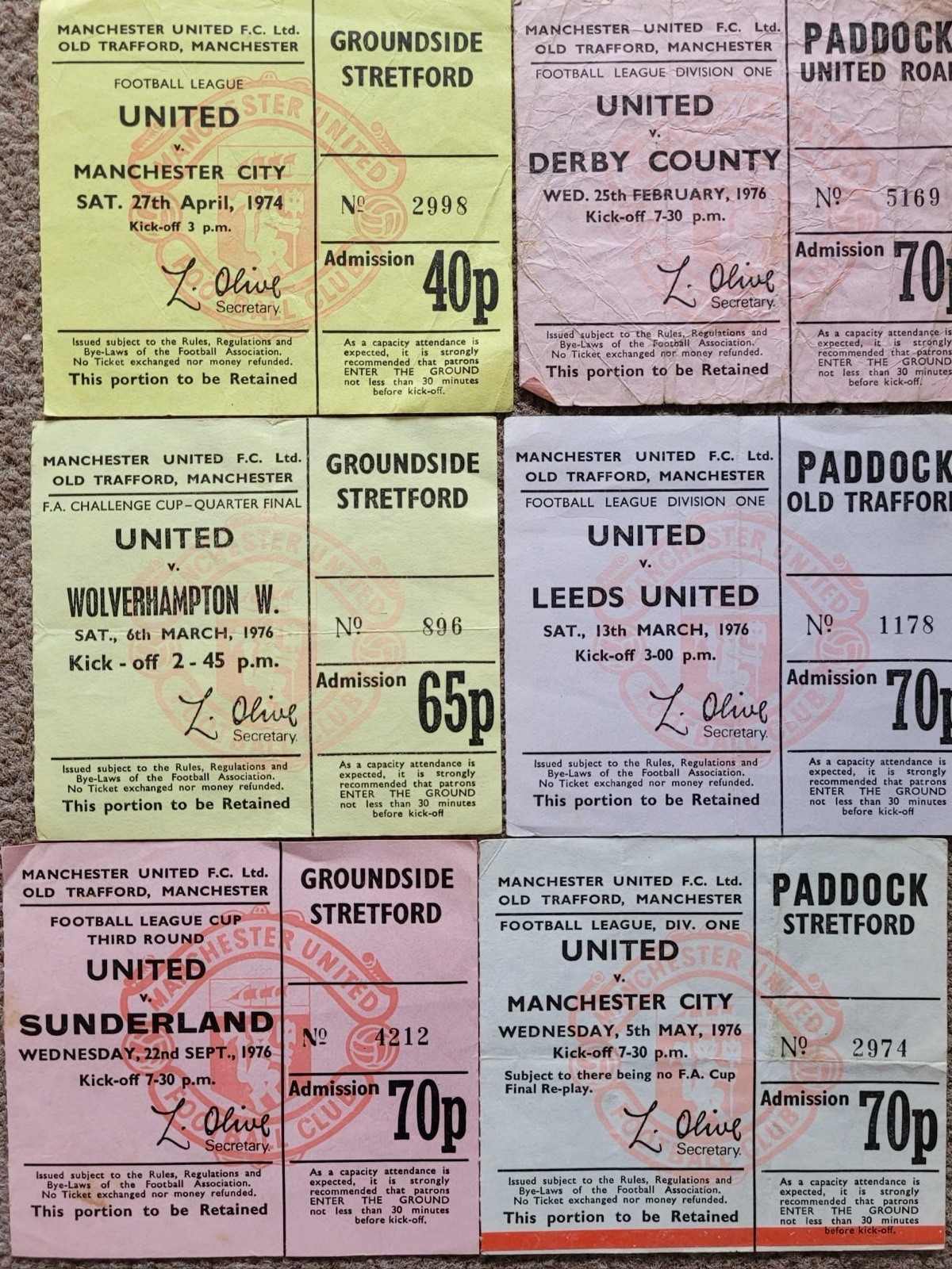 6 Manchester United Home 70s Tickets for sale on Ebay