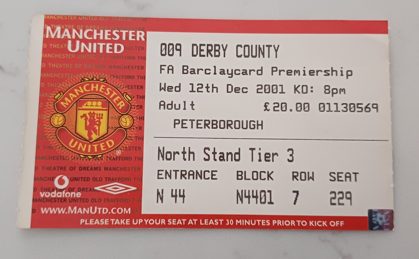 2001/2002 MANCHESTER UNITED v DERBY COUNTY USED MATCH TICKET for sale on Ebay