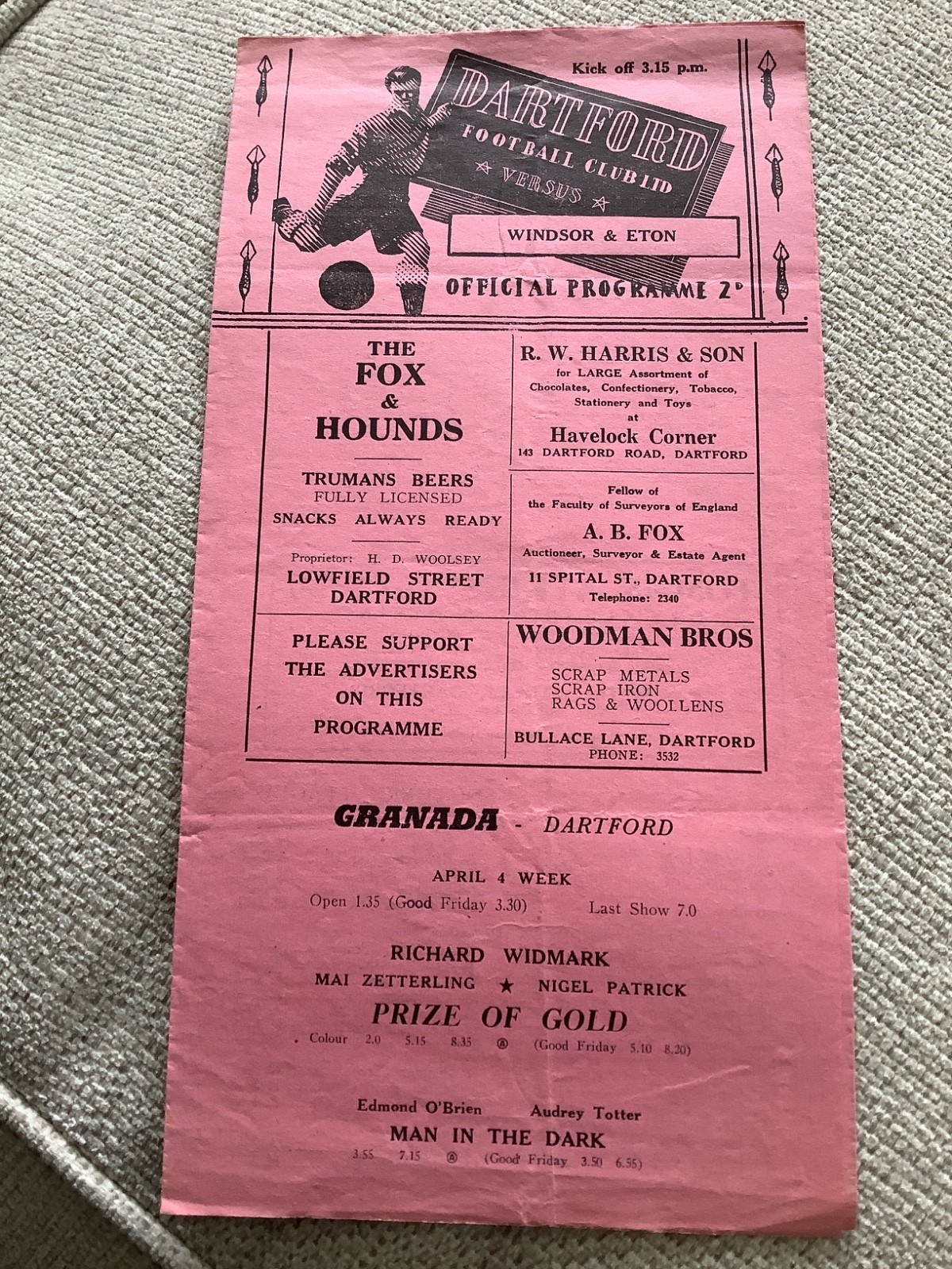 2 April 1955 Dartford v Windsor & Eton Metropolitan League for sale on Ebay