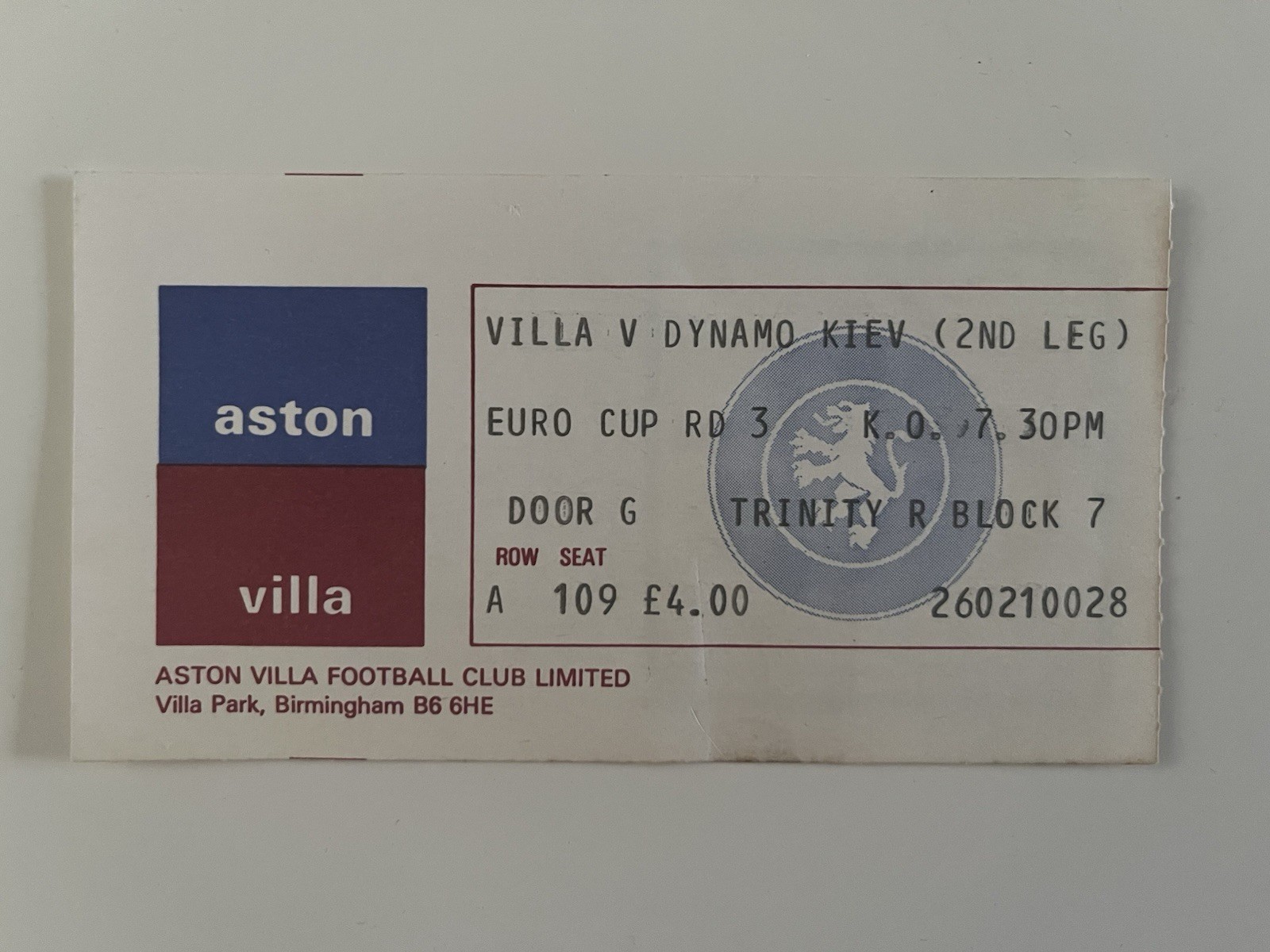 Aston Villa V Dynamo Kiev European Cup 1981 - 1982 Football Match Ticket Stub for sale on Ebay