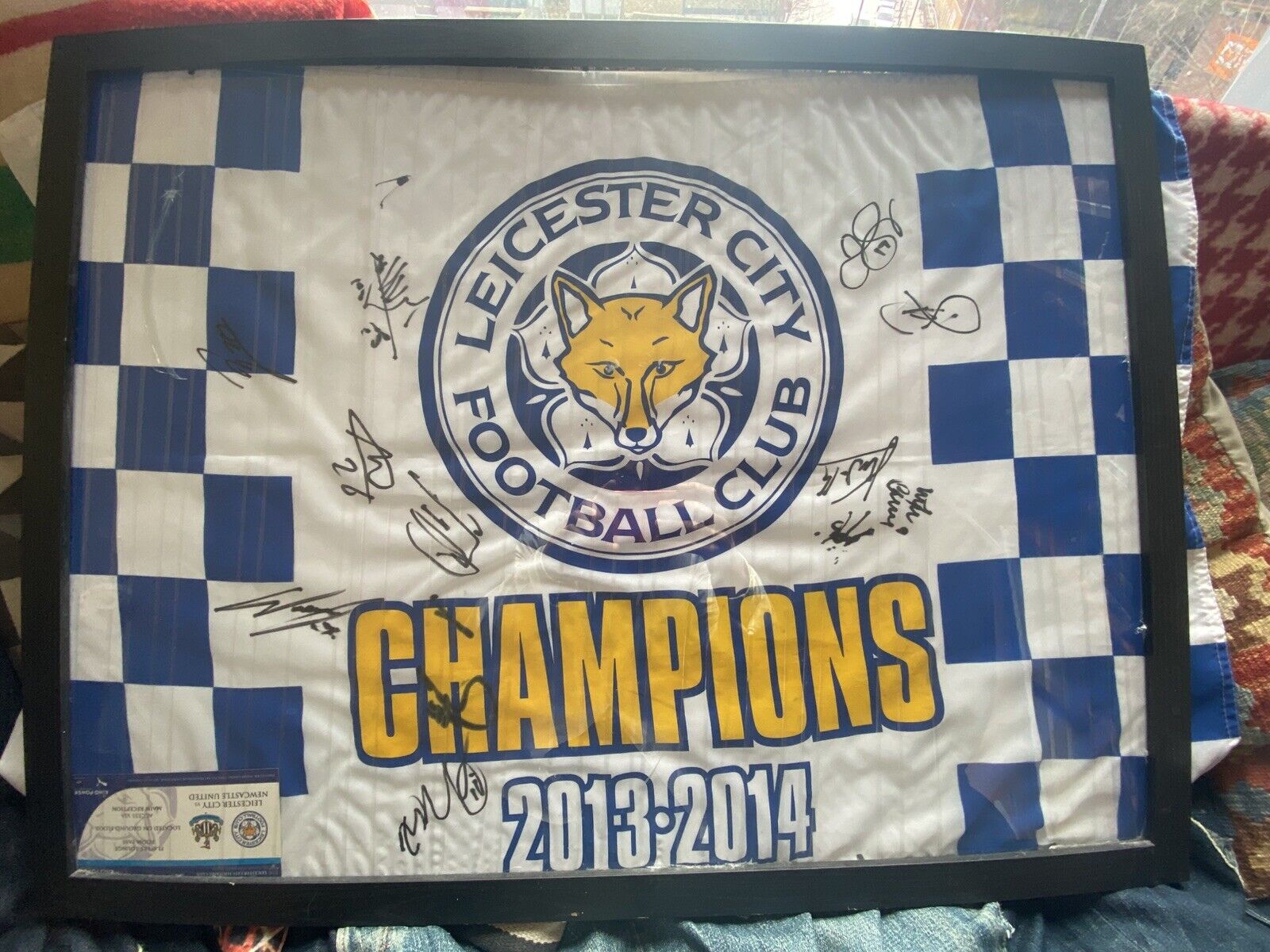Signed Leicester City 2013/2014 flag, signed during 2015/16 campaign for sale on Ebay