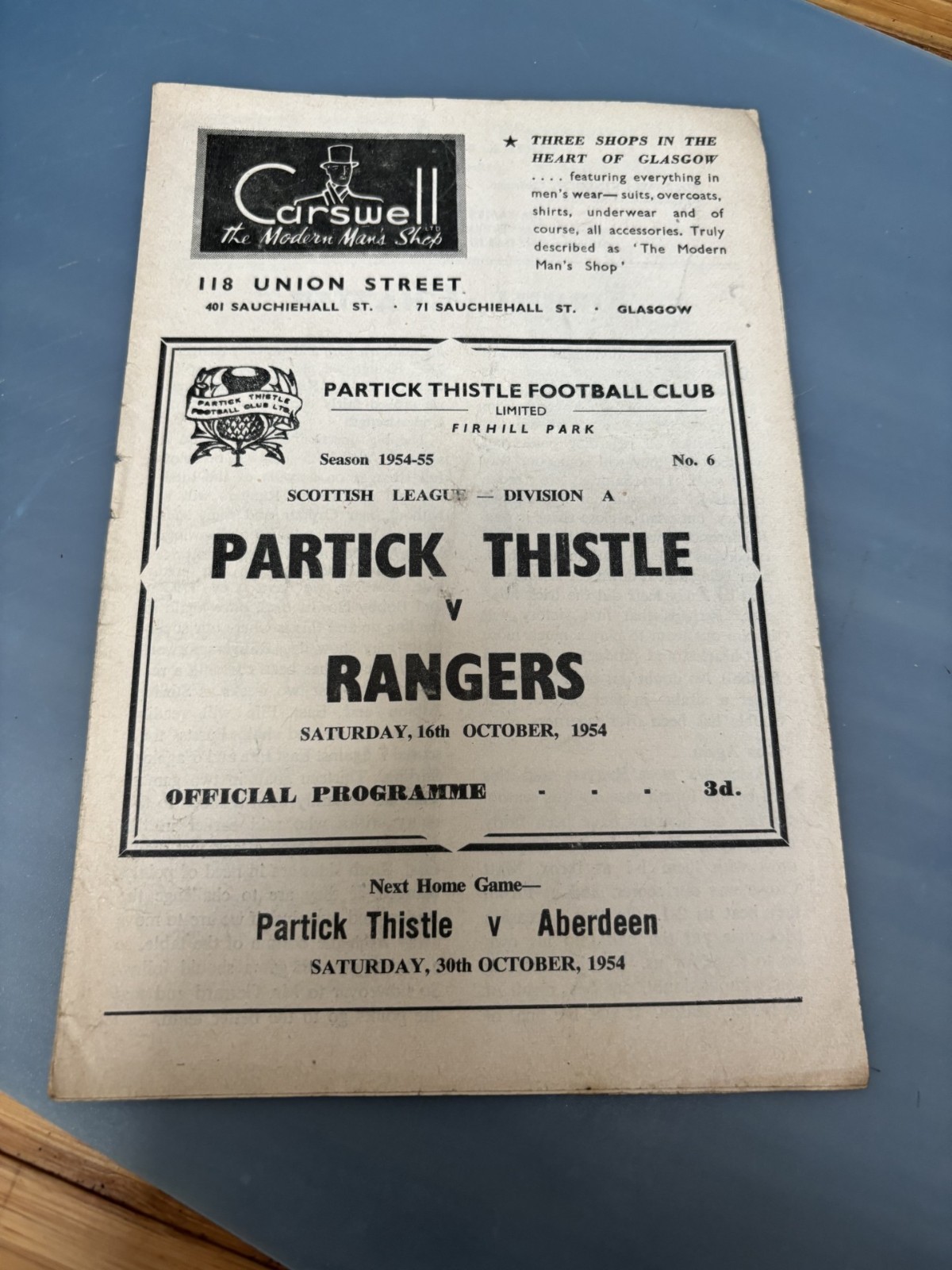 PARTICK THISTLE v RANGERS Oct 1954 for sale on Ebay