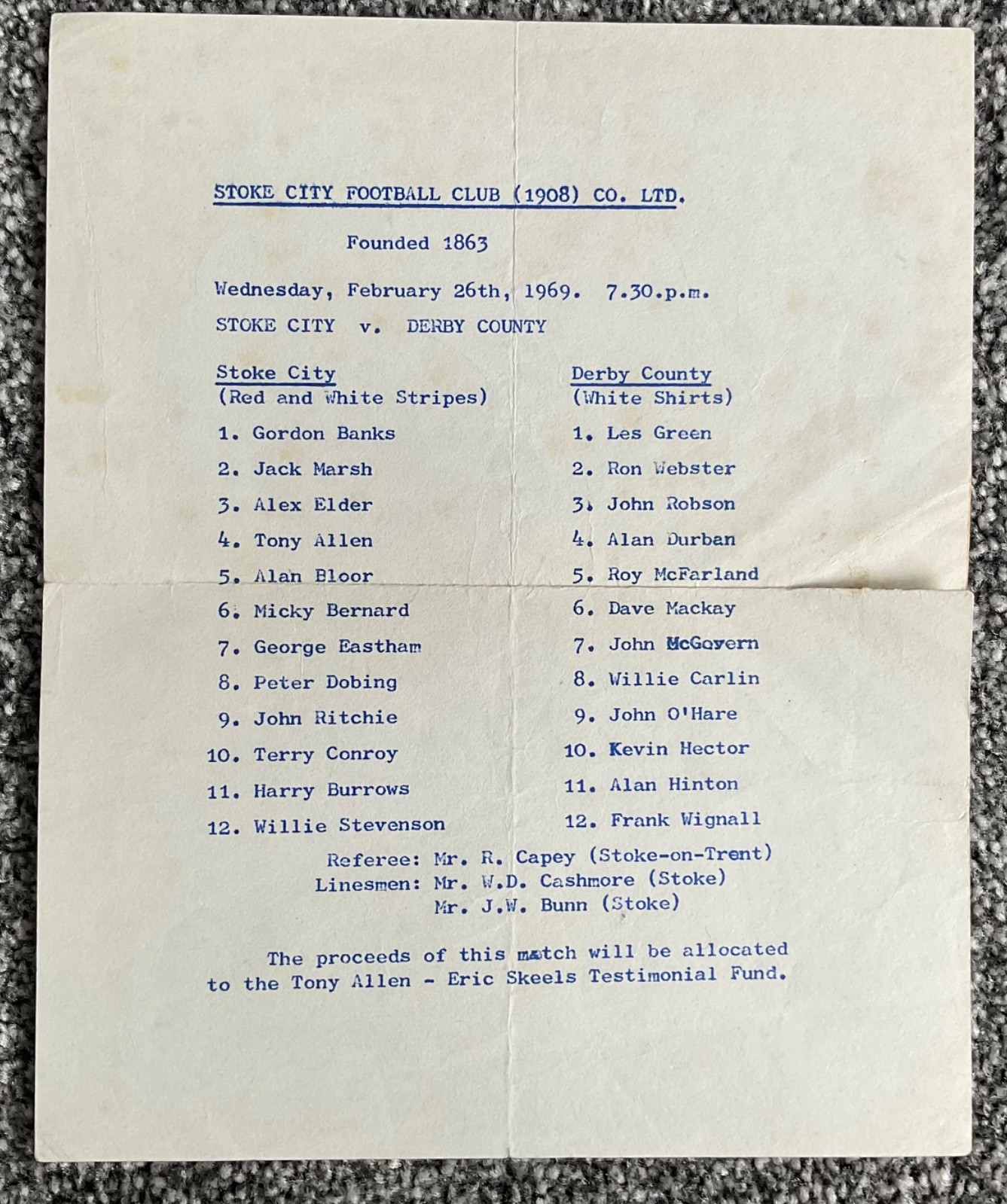 Stoke City v Derby County (Allen / Skeels Testimonial) 1968/69 RARE Single Sheet for sale on Ebay