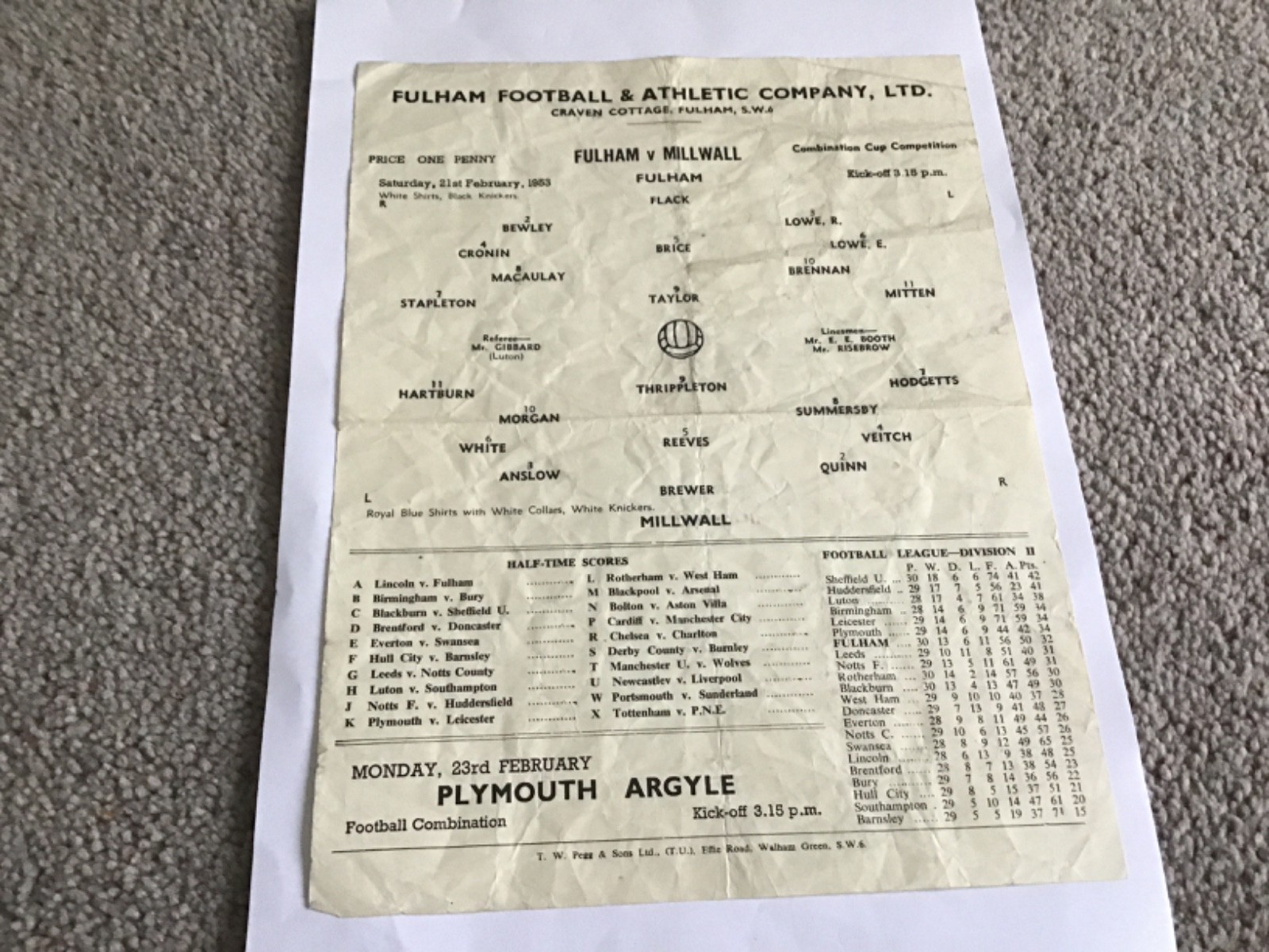 Fulham v Millwall Combination Cup  Football Programme 21/2/1953. for sale on Ebay