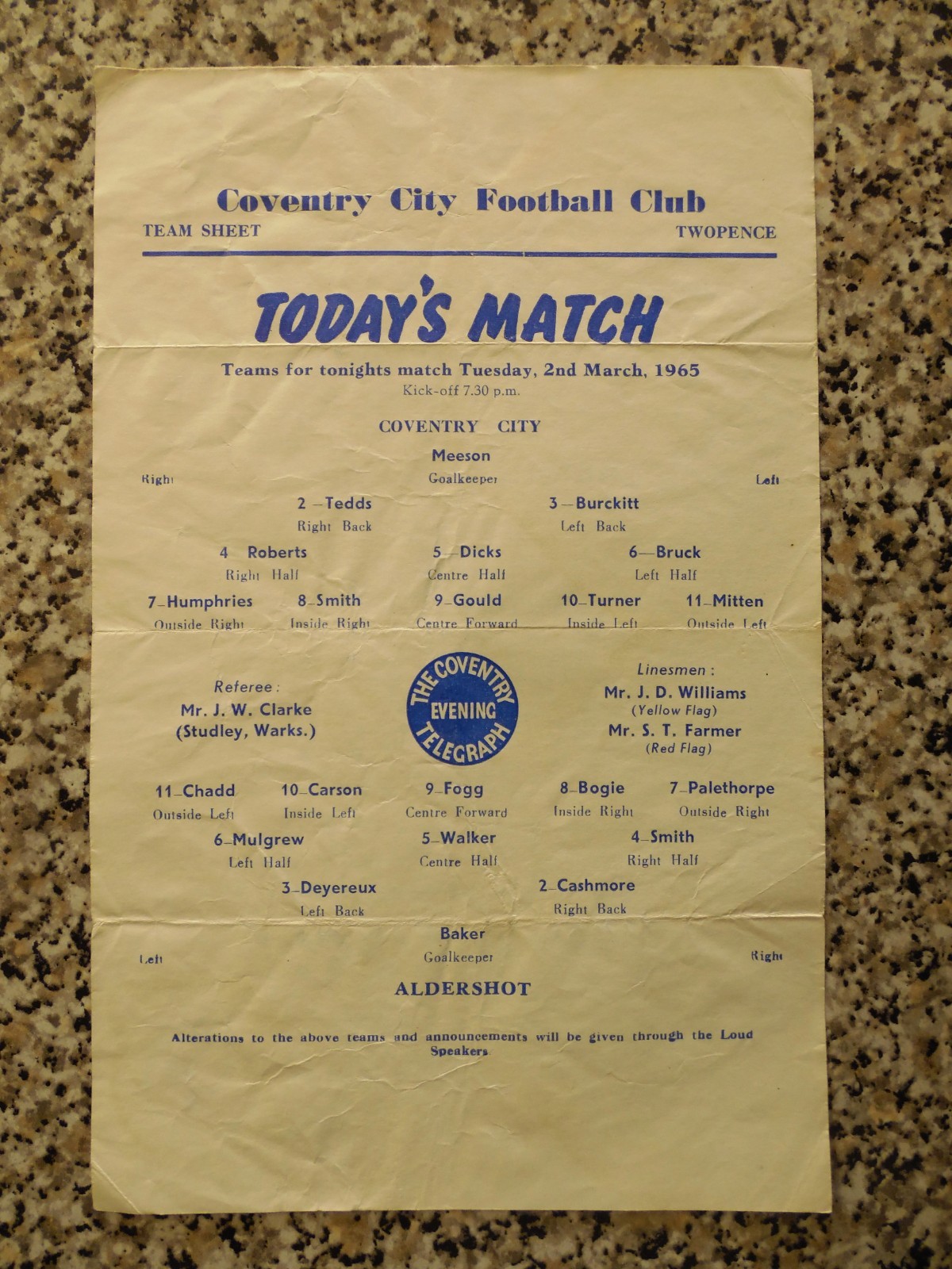 COVENTRY CITY v ALDERSHOT | 1964/1965 | RESERVES | 2 MAR 1965 | UK FREEPOST for sale on Ebay