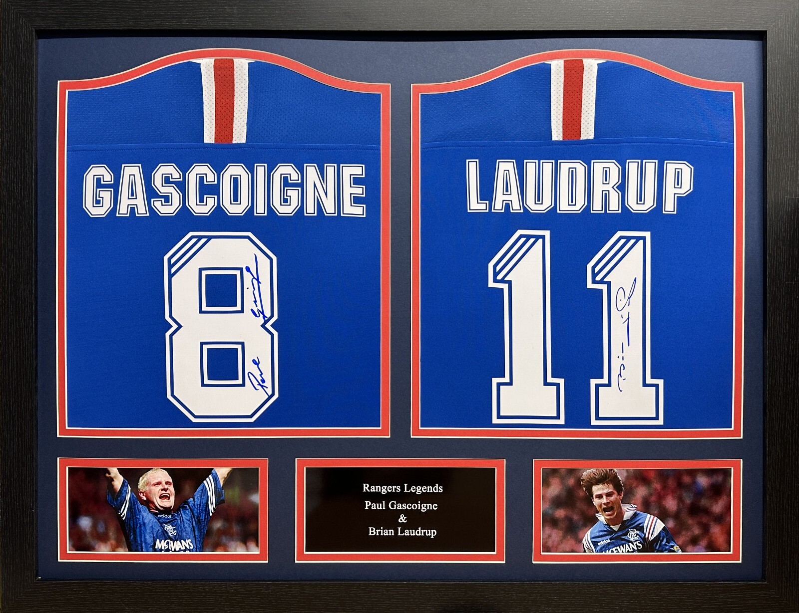 FRAMED GASCOIGNE & LAUDRUP 2 SIGNED RANGERS FOOTBALL SHIRTS GAZZA PROOF & COA for sale on Ebay
