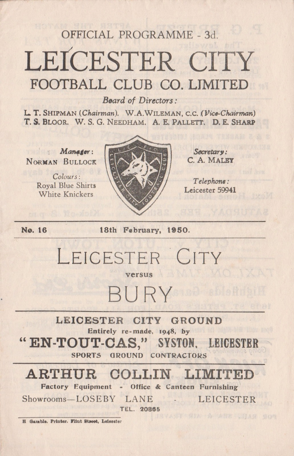 FOOTBALL PROGRAMME LEICESTER CITY V BURY 1949-50 for sale on Ebay