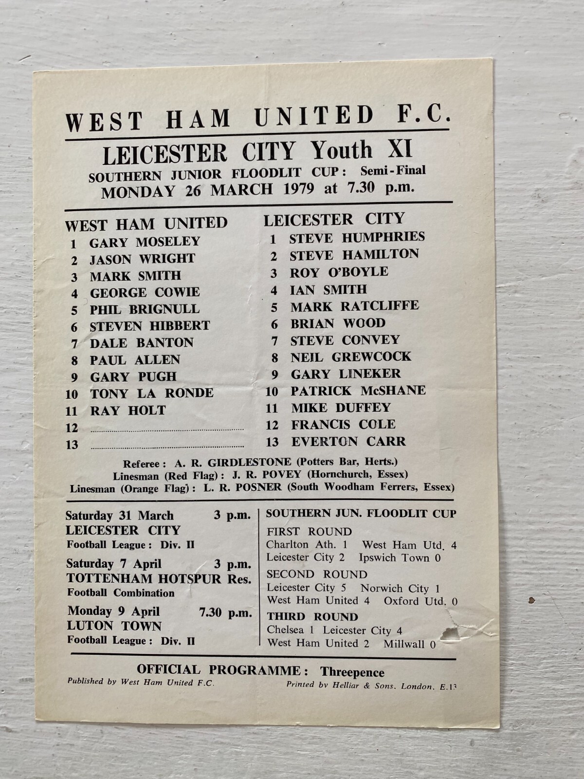 West Ham Utd Yth v Leicester City Yth - SJFC Semi-Final 1978/79 - 26 March 1979 for sale on Ebay