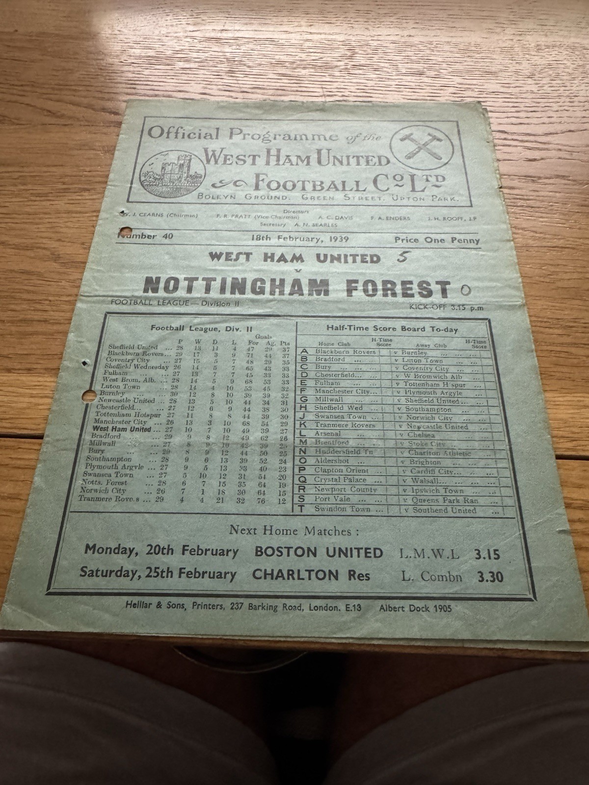 WEST HAM V NOTTINGHAM FOREST 1938-1939  for sale on Ebay