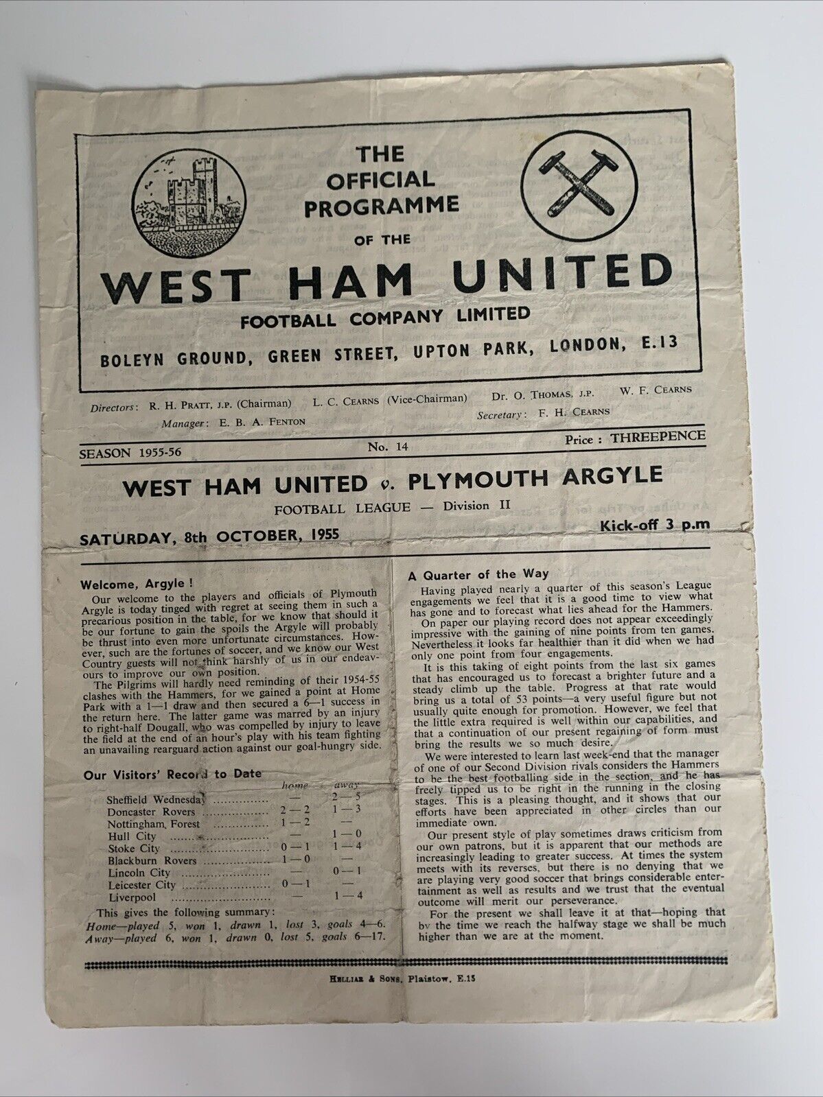 West Ham United v Plymouth Argyle 1955-56 League Division Two 8th October 1955 for sale on Ebay