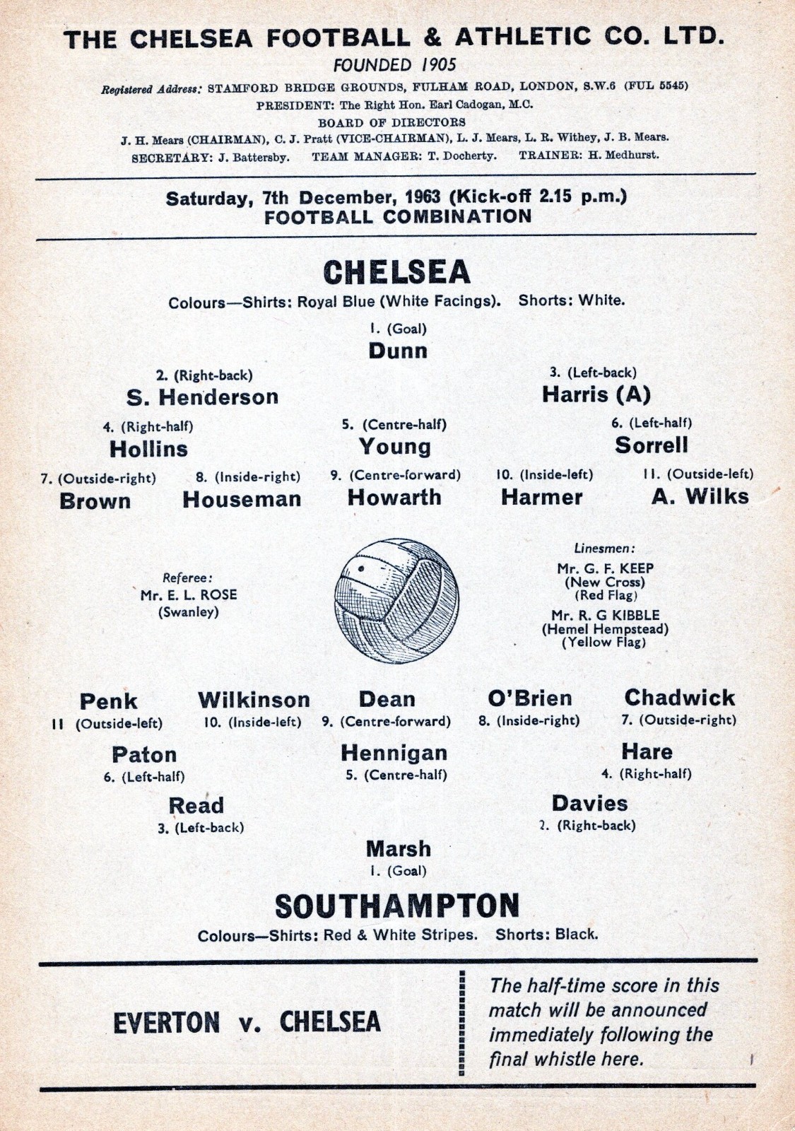 Chelsea Reserves v Southampton Reserves 1963/64 - single card for sale on Ebay