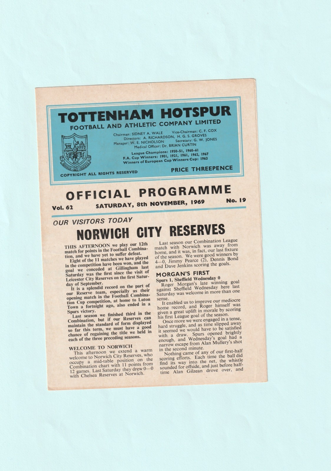 1969-1970 FOOTBALL COMBINATION : TOTTENHAM / SPURS v NORWICH CITY RESERVES for sale on Ebay