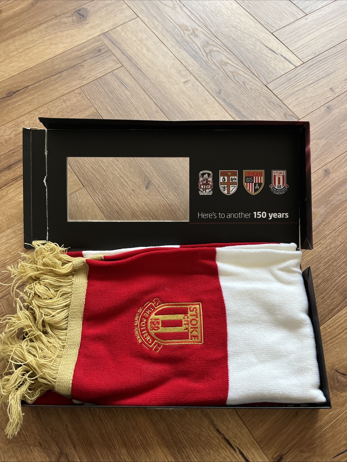 Stoke City 150th Anniversary Scarf Red White with Gold Trim for sale on Ebay