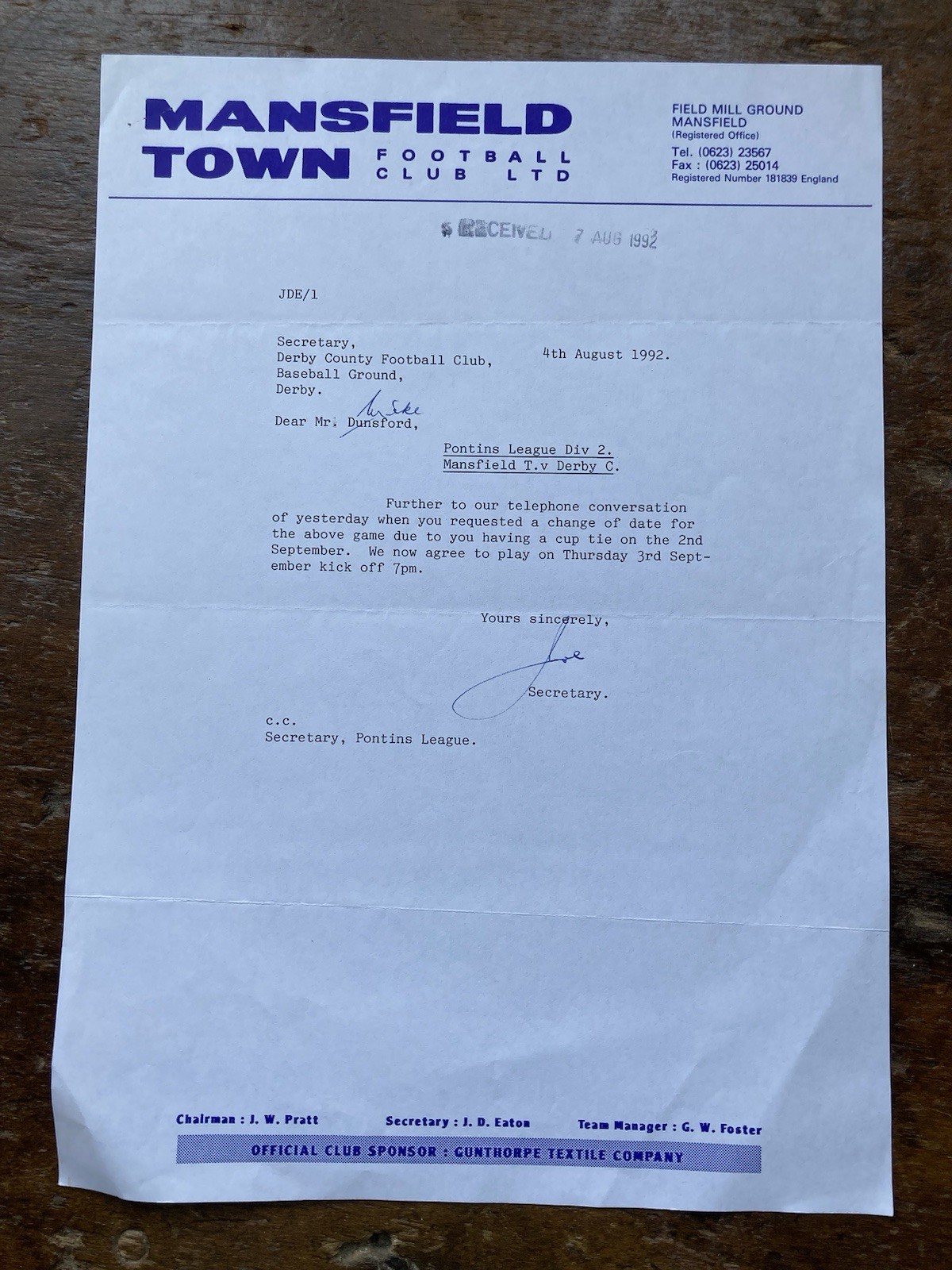 Aug 1992 Mansfield Town Letter To Derby County re Pontins League Fixture Change. for sale on Ebay