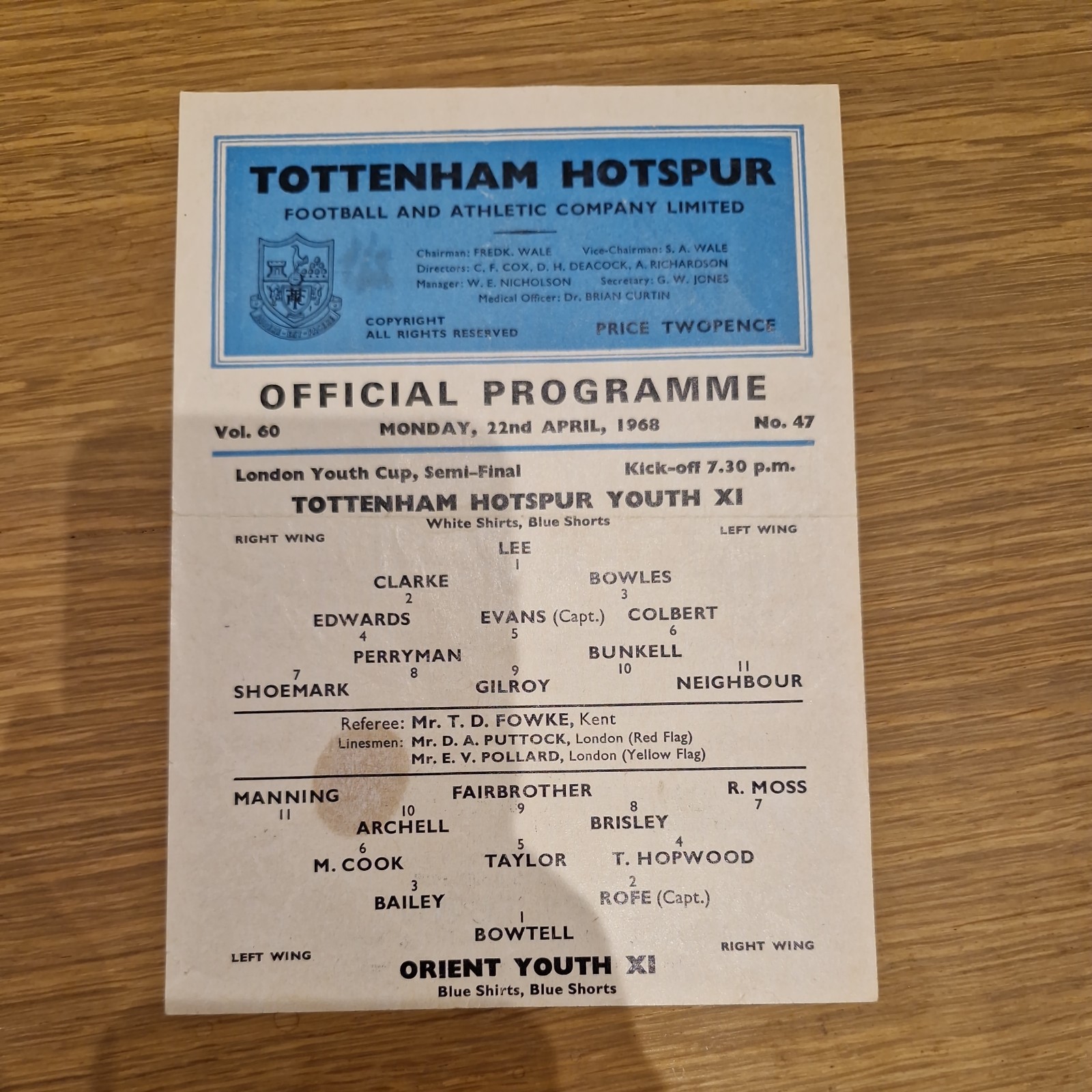 Tottenham / Spurs Youth XI v Orient Youth XI 22-4-1968 (Youth Cup Semi)  for sale on Ebay