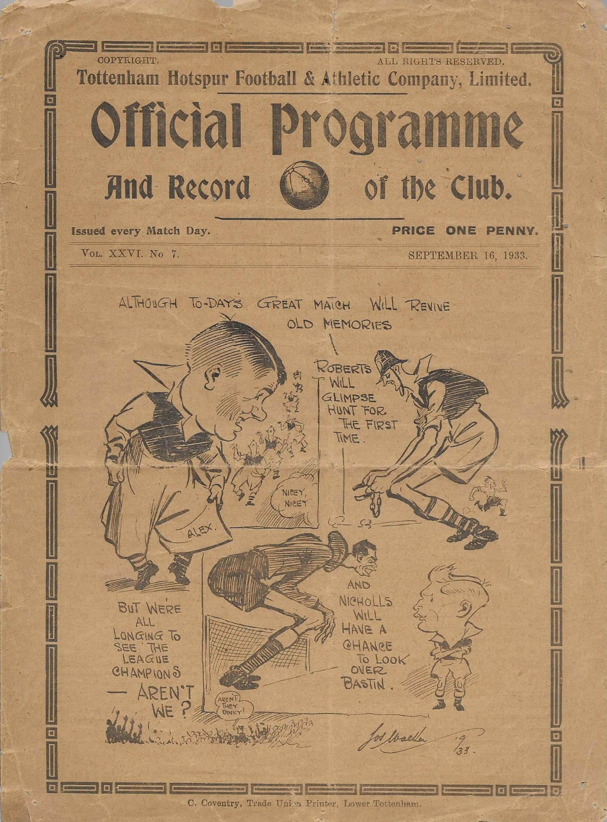 PRE-WAR PROGRAMME - TOTTENHAM HOTSPUR (SPURS) v ARSENAL - 16 SEPTEMBER 1933 for sale on Ebay