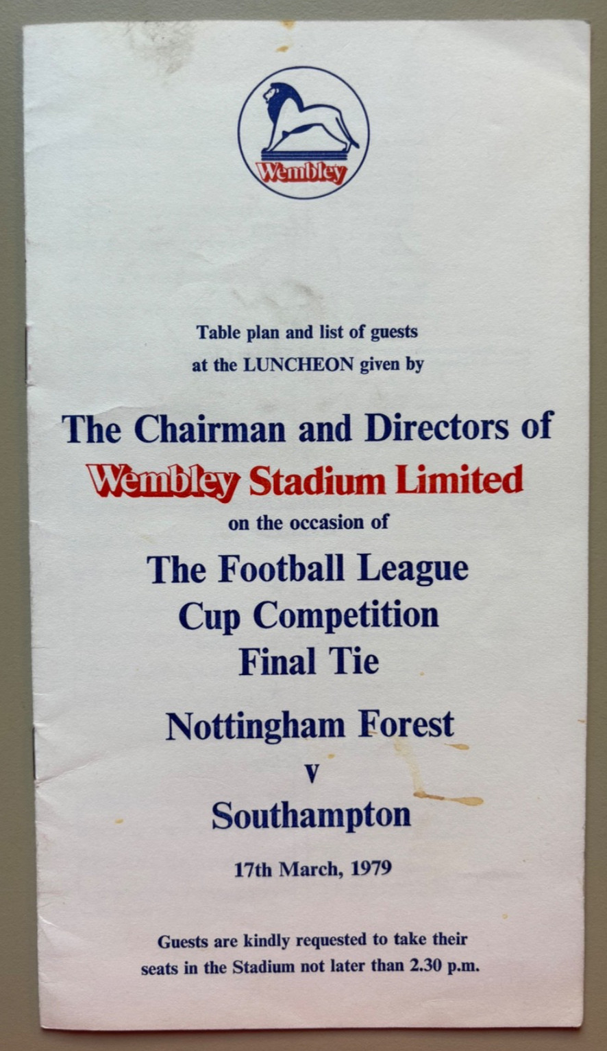 1978/79 Nottingham Forest v Southampton League Cup Final Table Plan Luncheon for sale on Ebay