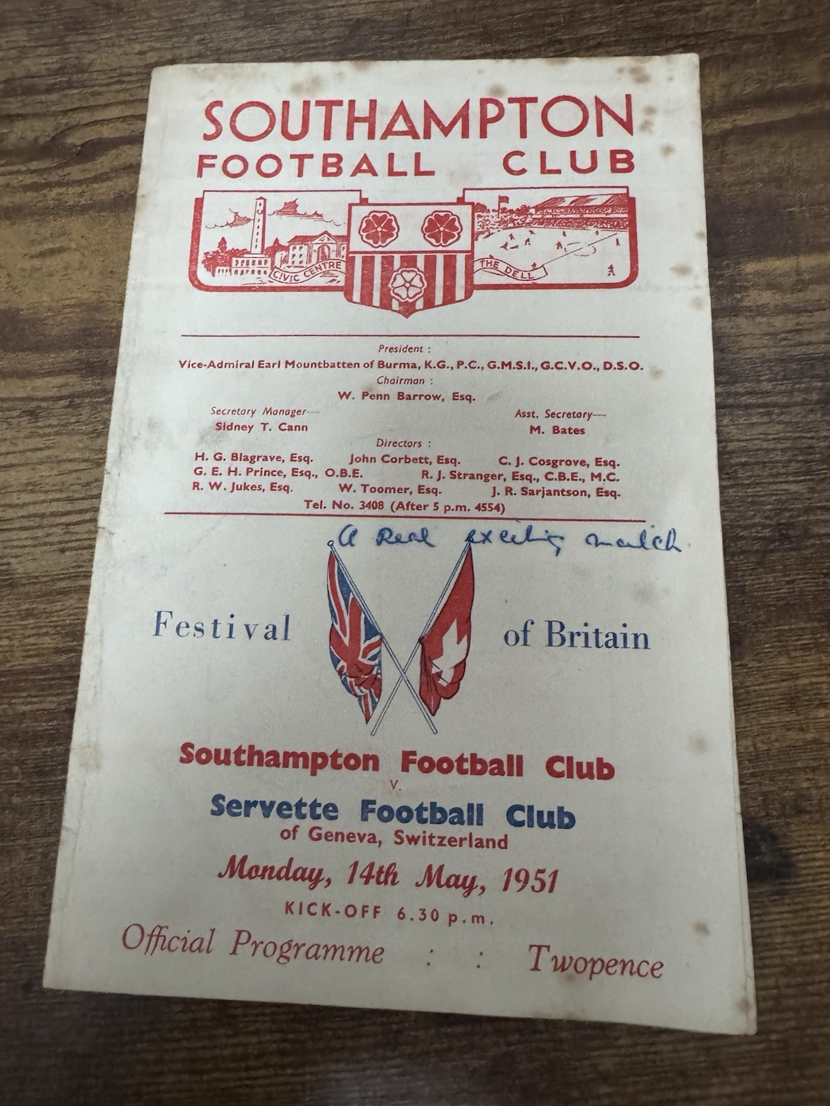 1951 Festival Of Britain SOUTHAMPTON  V SERVETTE Football Programme for sale on Ebay