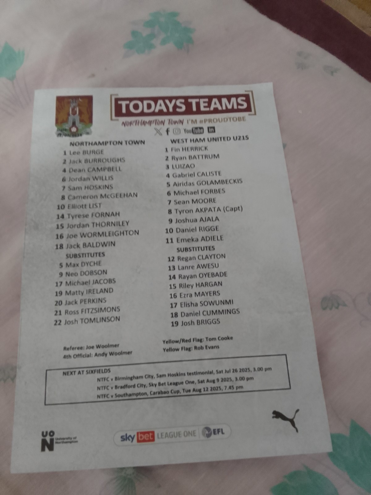 Northampton Town v West Ham United U21's Pre Season Single Sheet 2025/2026 for sale on Ebay