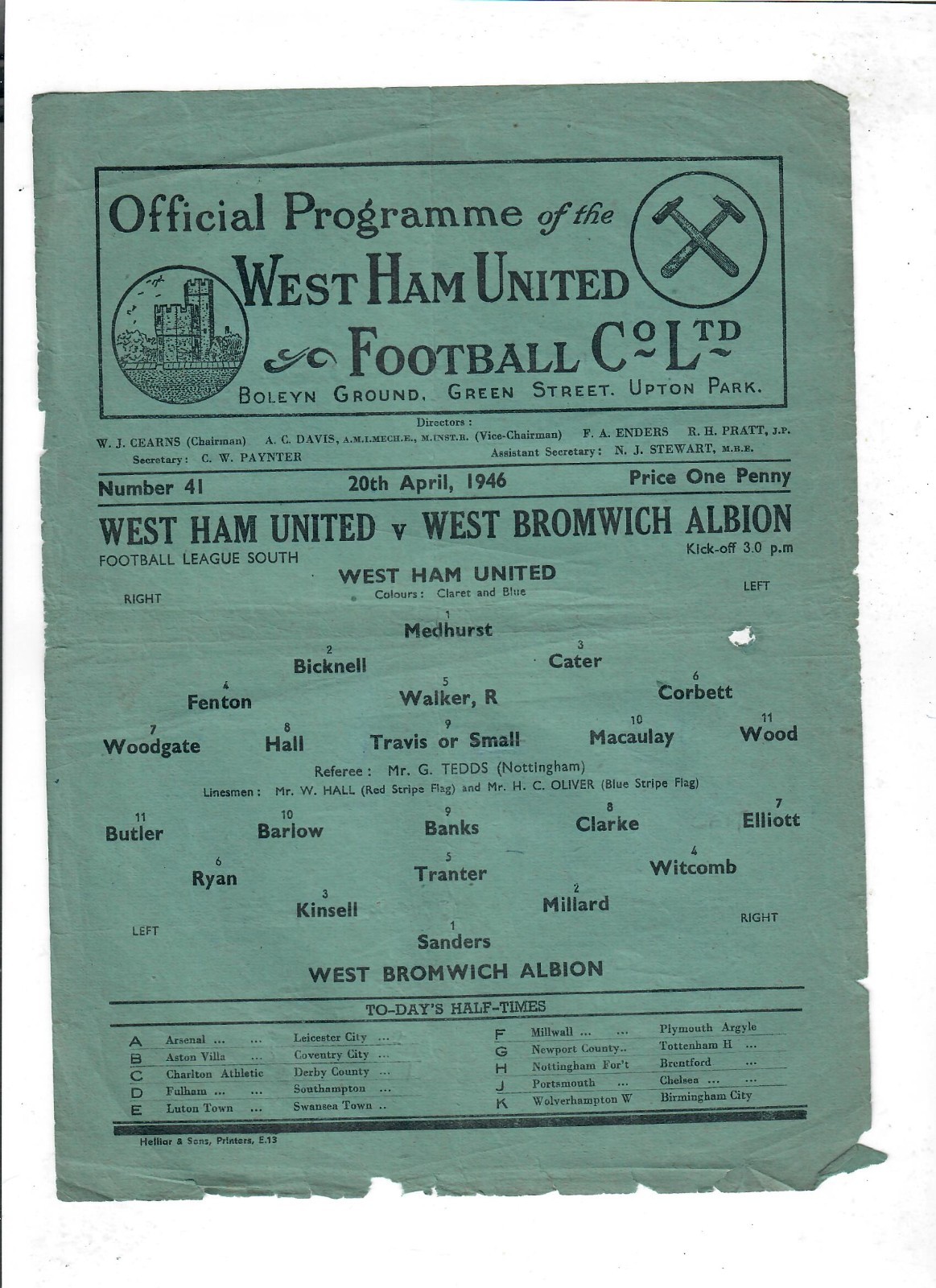 West Ham United v West Bromwich Albion - 20/04/1946 for sale on Ebay