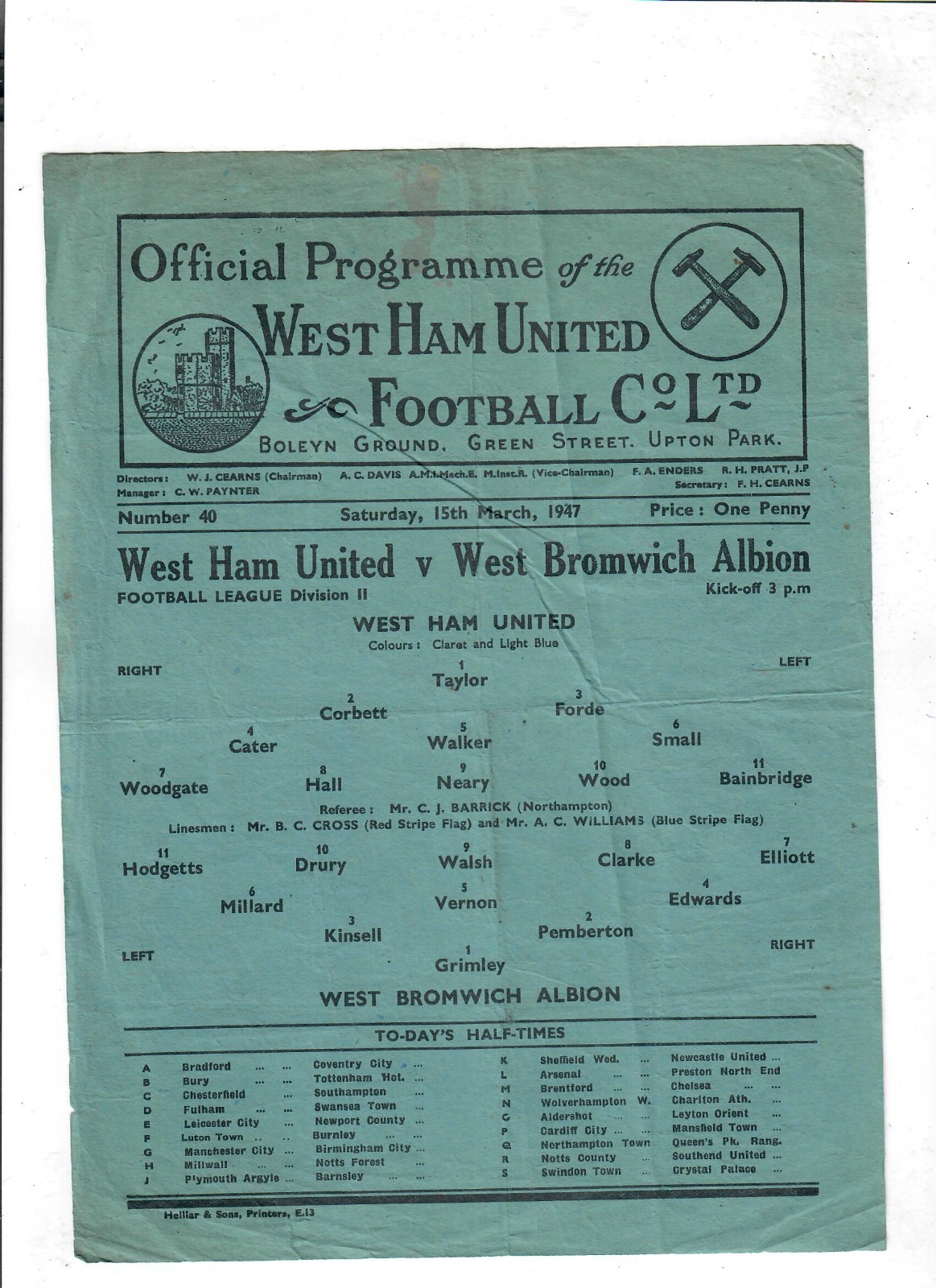 West Ham United v West Bromwich Albion - 15/03/1947 for sale on Ebay