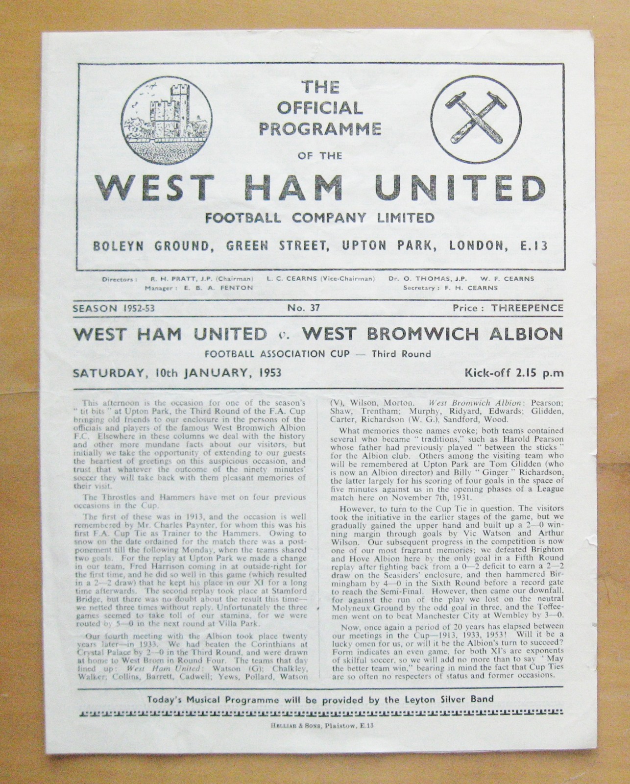 WEST HAM UNITED v WEST BROMWICH ALBION FA Cup 1952/1953 Good Condition Programme for sale on Ebay