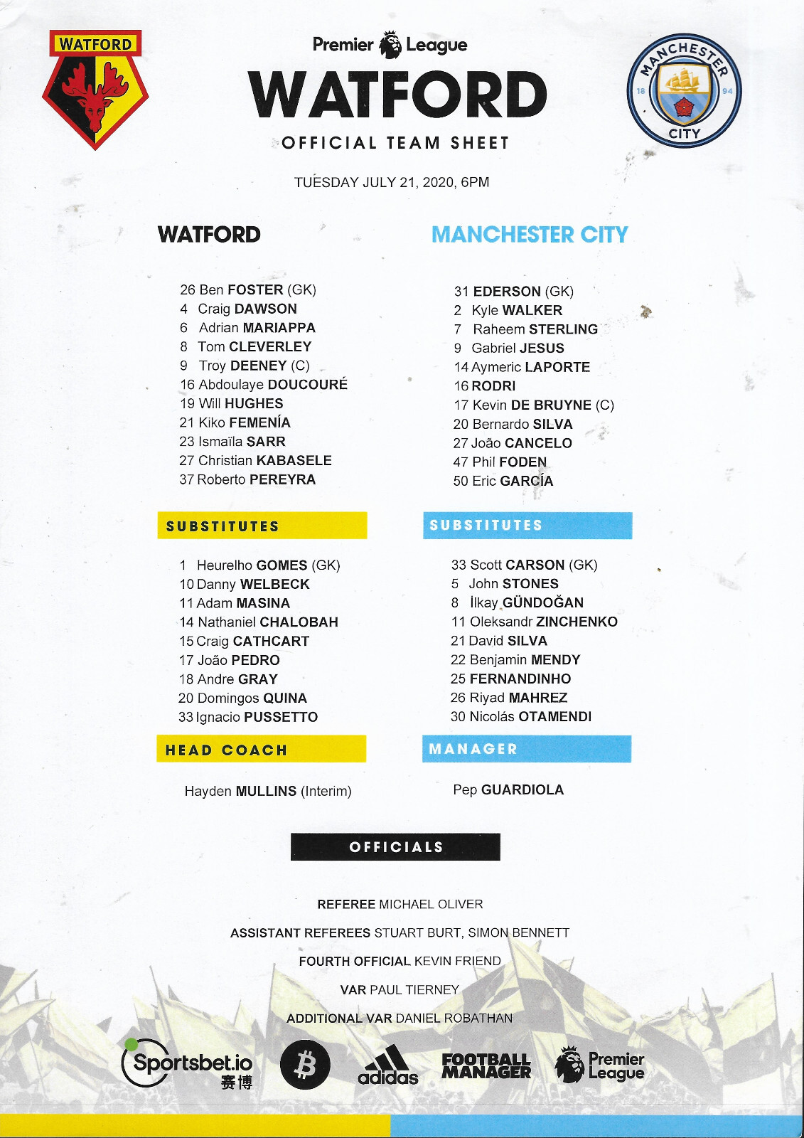 Watford v Manchester City. 2019-2020. Premiership. ONLY TEAMSHEET WAS ISSUED for sale on Ebay
