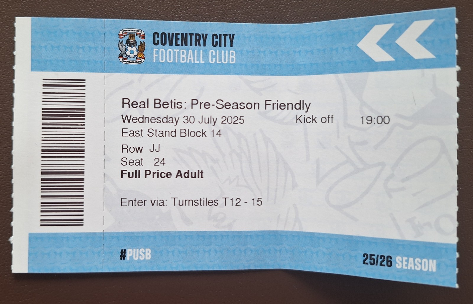 VERY RARE - Coventry City v Real Betis - 2025/26 Ticket Stub for sale on Ebay
