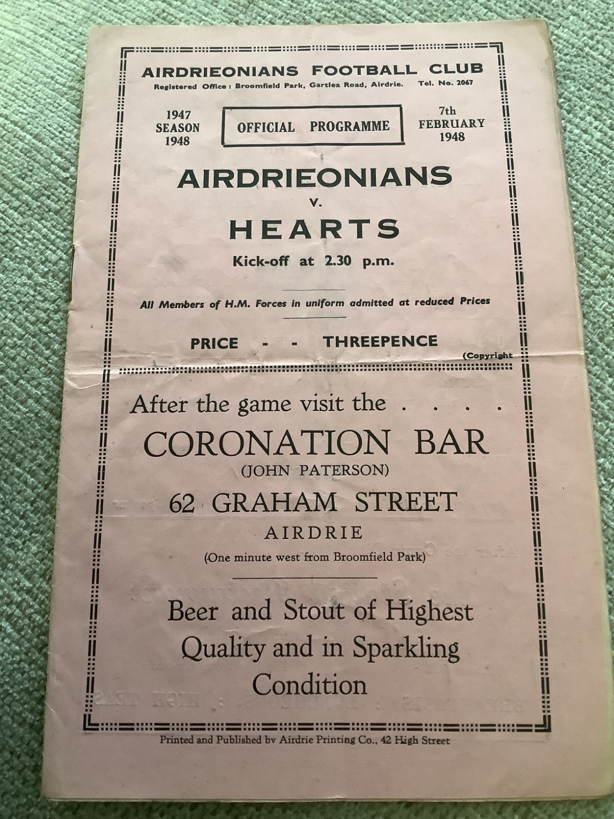 7 February 1948 Airdrie Airdrieonians v Hearts Heart of Midlothian for sale on Ebay