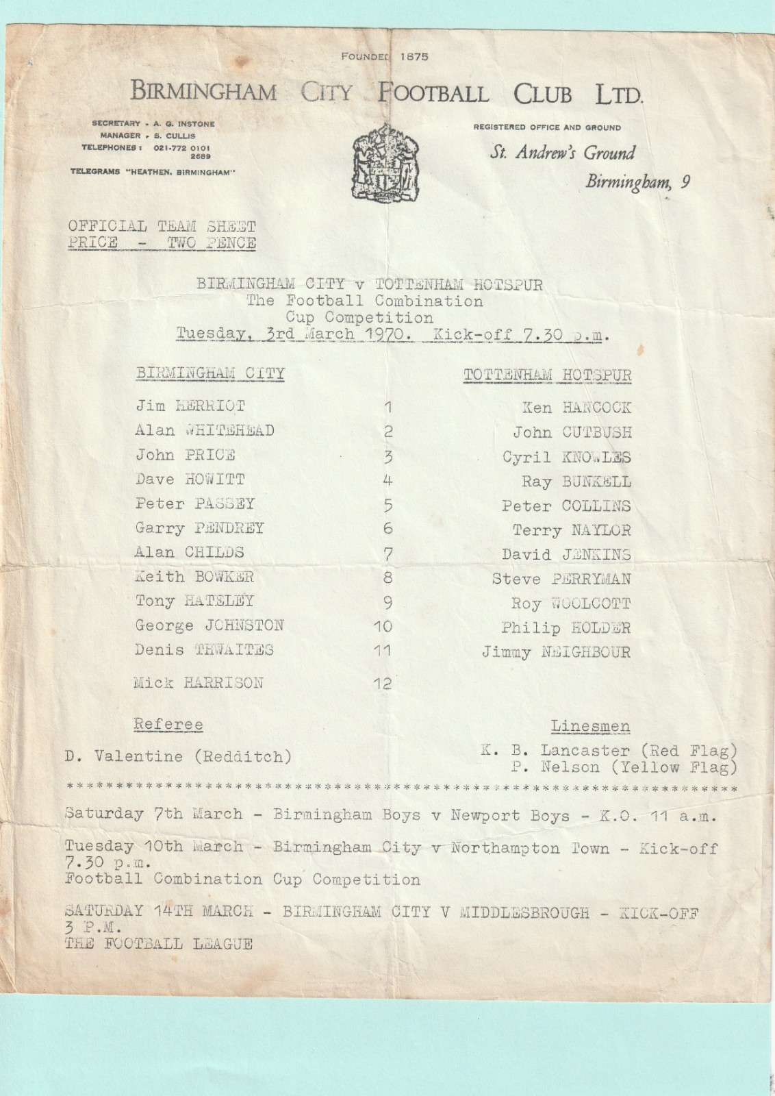 1969-1970 COMBINATION CUP : BIRMINGHAM CITY v TOTTENHAM / SPURS RESERVES for sale on Ebay