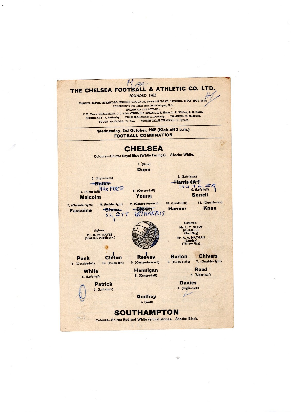 Chelsea Reserves v Southampton Reserves 1962/63 - single card for sale on Ebay