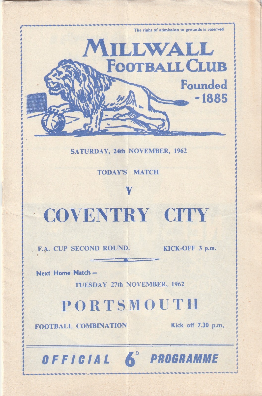 Millwall v Coventry City, 24 November 1962, FA Cup 2nd Round. for sale on Ebay