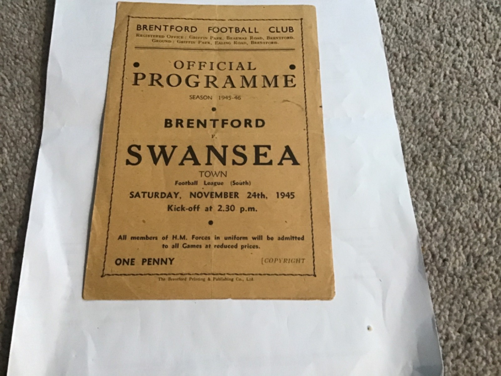 Brentford v Swansea Town Football Programme 24/11/1945. for sale on Ebay