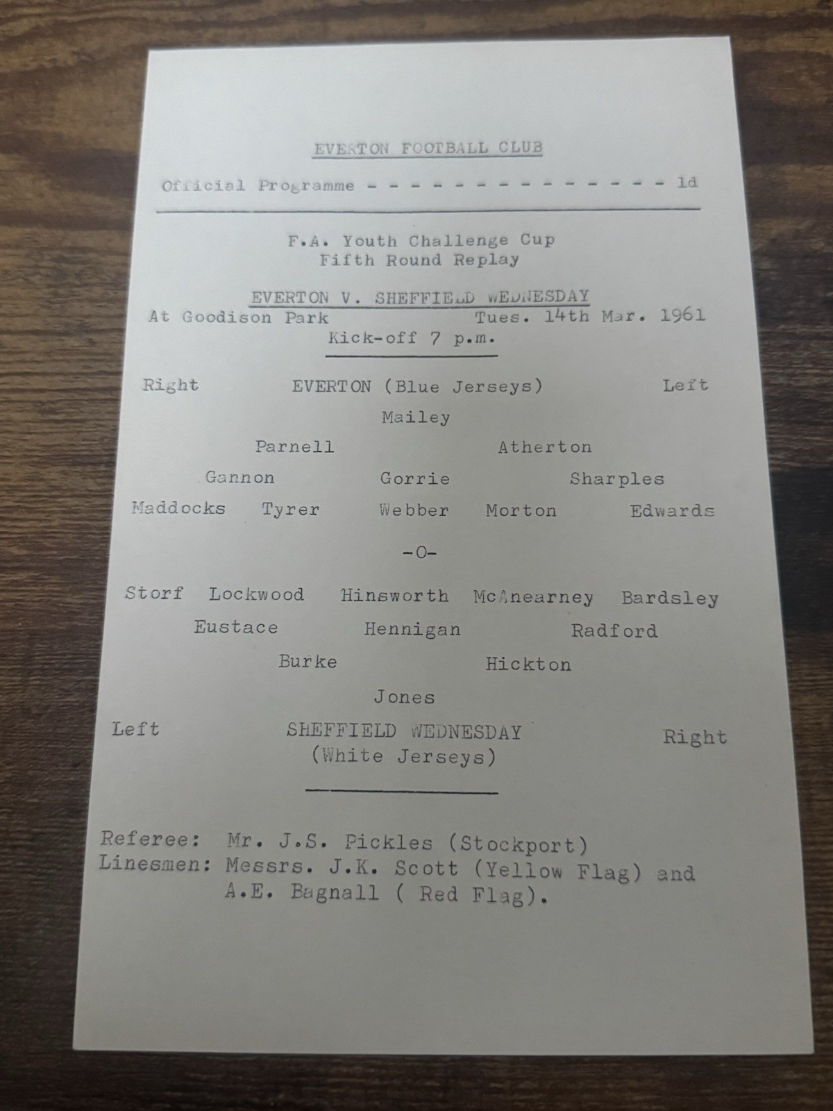 60/61  Everton V Sheffield Wednesday FA YOUTH CUP   Football Programme for sale on Ebay
