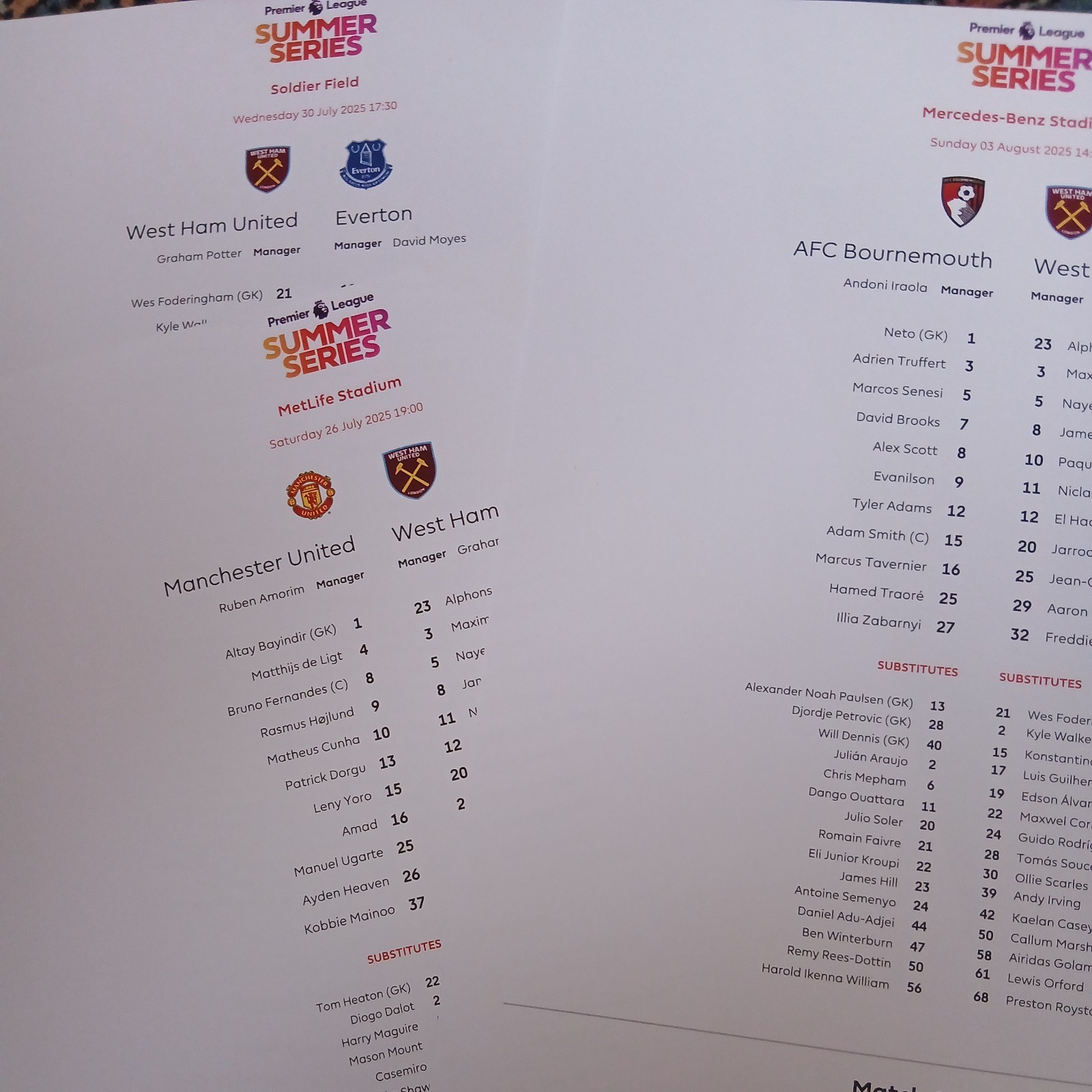 All 3 West Ham summer series OFFICIAL  Colour SingleSided Team Sheets  26/7/25 for sale on Ebay